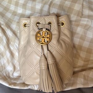 Tory Burch Cream Quilted Leather Tassel Drawstring Mini Bag
